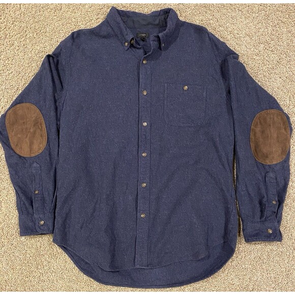 J Crew Flannel Shirt Mens Large Wool Blend Leather Elbow Patch Button Down Blue - Picture 1 of 11